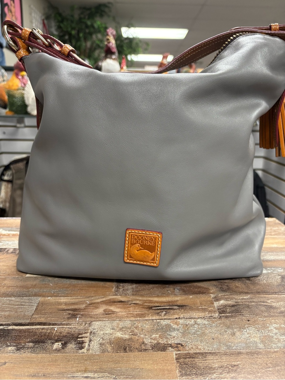 Dooney & Bourke Gray Leather Hobo Shoulder Bag with Brown Trim